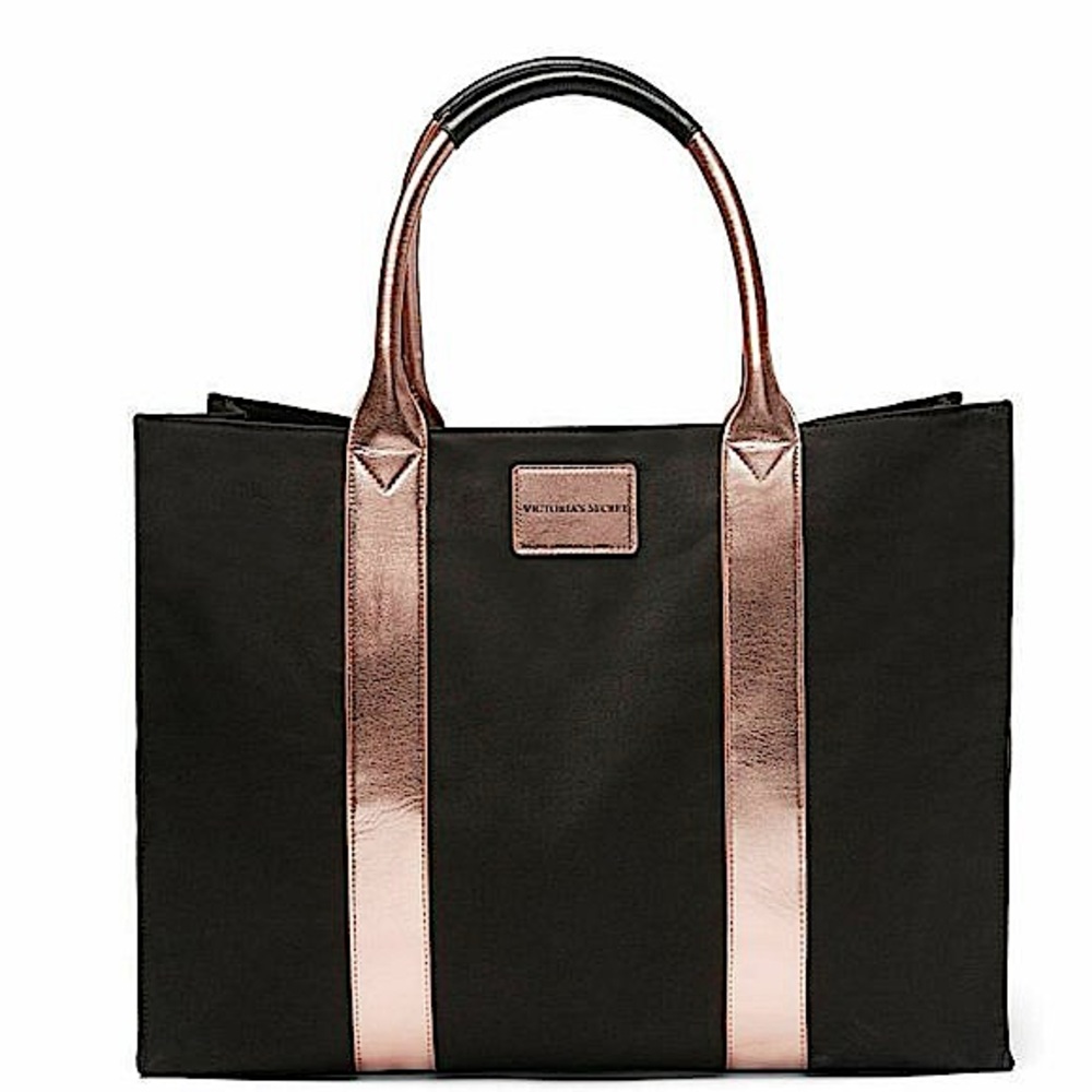Victoria’s Secret Weekender Large Black & Rose Gold Canvas Travel Tote Bag